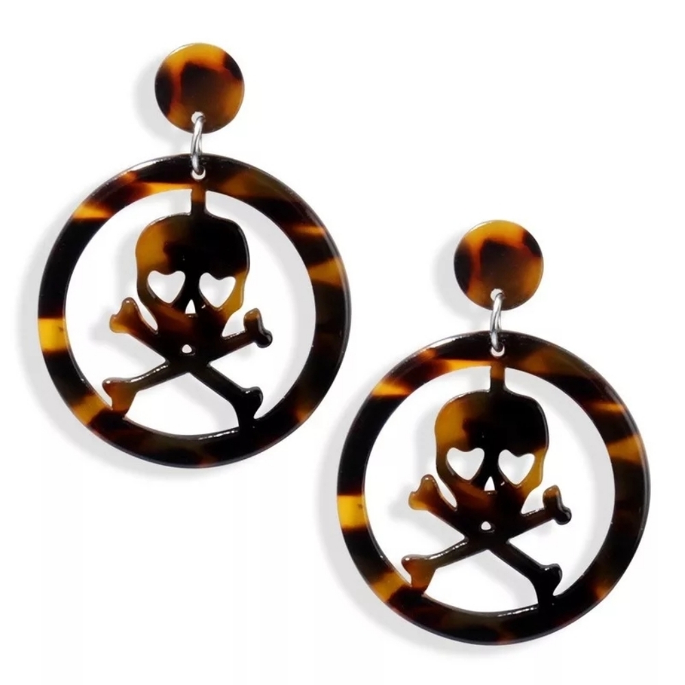 Amber Tortoiseshell Resin Skull Hoop Earrings